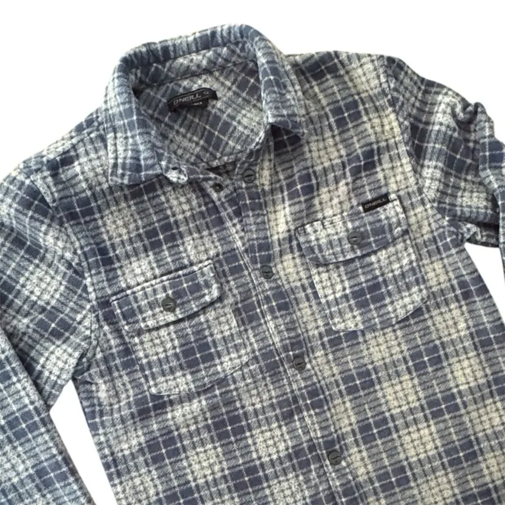 O'Neill Boy’s Glacier Plaid Superfleece High Pile Shirt Navy Cream Soft Small 8